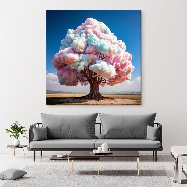 Boom met roze en blauwe wolken Canvas Schilderijen Boom met roze en blauwe wolken