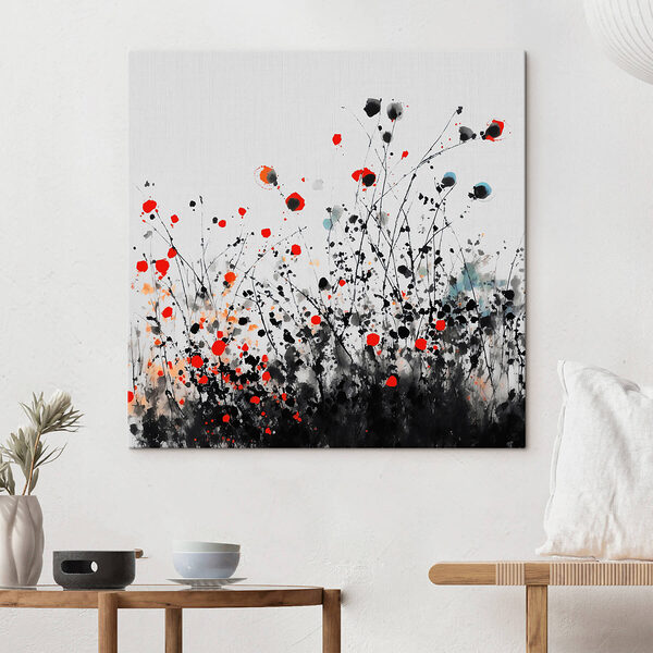 Groep bloemen met rode en zwarte vlekken Canvas Schilderijen Groep bloemen met rode en zwarte vlekken