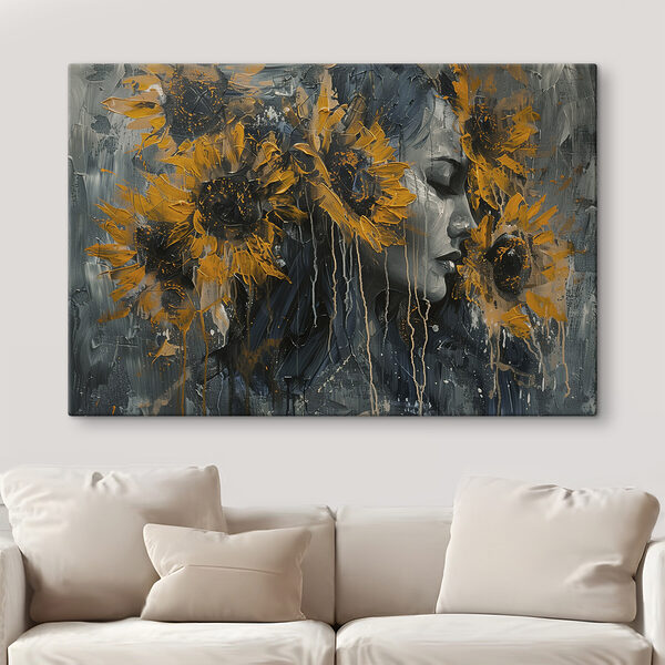 Schilderij van een vrouw met zonnebloemen Canvas Schilderijen Schilderij van een vrouw met zonnebloemen