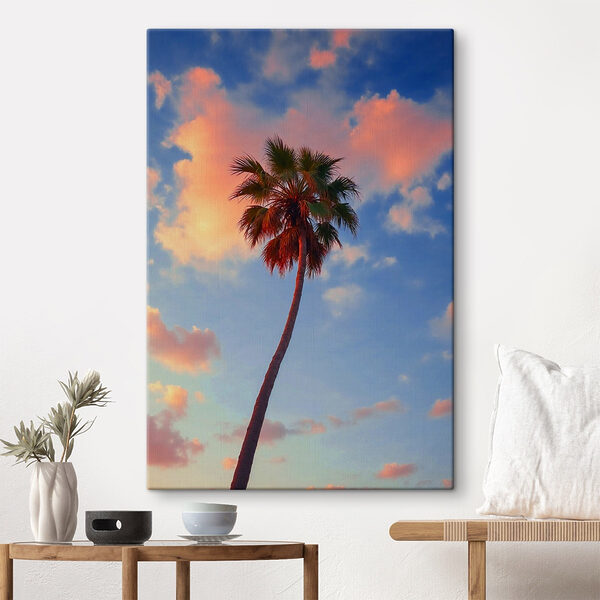 Palmboom met blauwe lucht en wolken Canvas Schilderijen Palmboom met blauwe lucht en wolken