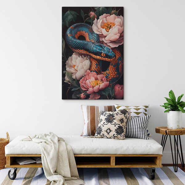 Blauwe en oranje slang met bloemen Canvas Schilderijen Blauwe en oranje slang met bloemen