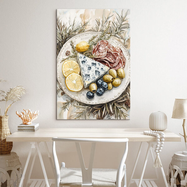 Bord eten met kaas en olijven Canvas Schilderijen Bord eten met kaas en olijven
