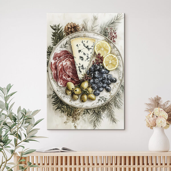 Bord eten met fruit en kaas Canvas Schilderijen Bord eten met fruit en kaas