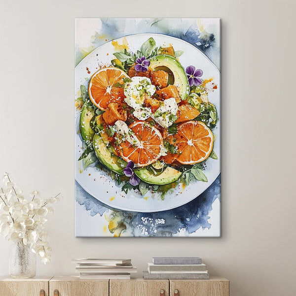 Bord eten met sinaasappels en avocado Canvas Schilderijen Bord eten met sinaasappels en avocado