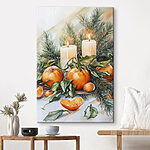 Canvas Schilderijen Aquarel van sinaasappels en kaarsen op een tafel