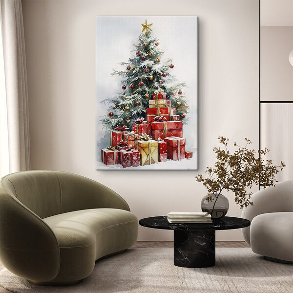 Aquarel van cadeautjes onder een kerstboom Canvas Schilderijen Aquarel van cadeautjes onder een kerstboom