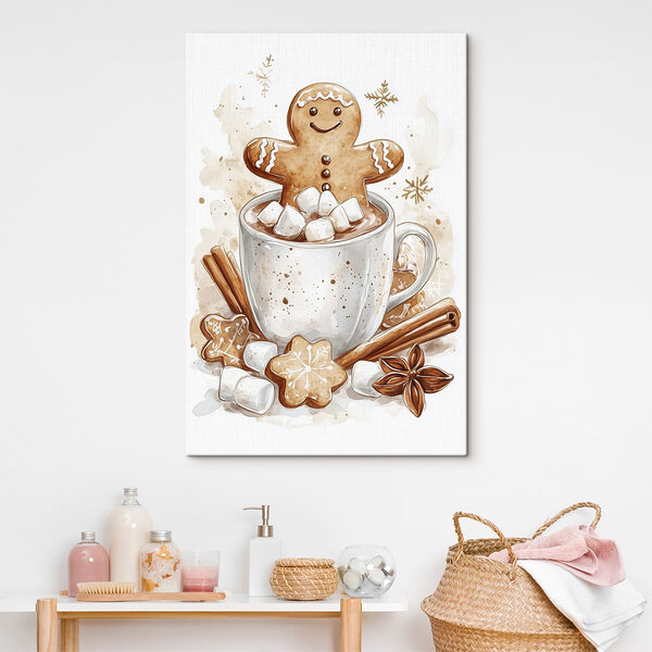 Peperkoekmannetje in een mok warme chocolademelk Canvas Schilderijen Peperkoekmannetje in een mok warme chocolademelk