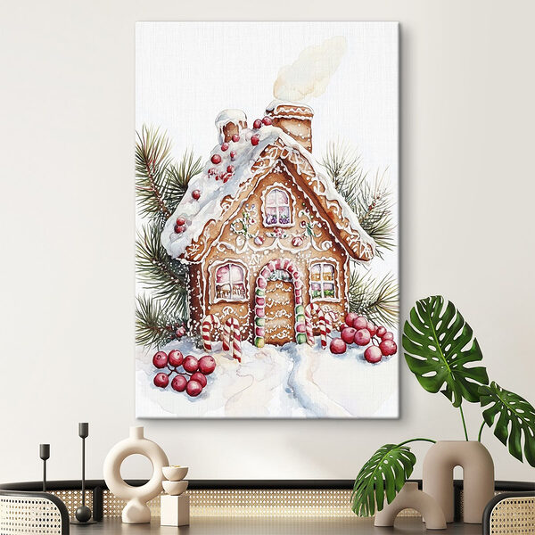 Peperkoekhuisje met zuurstokken en dennentakken Canvas Schilderijen Peperkoekhuisje met zuurstokken en dennentakken