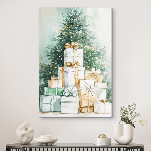 Aquarel van cadeautjes onder een boom Canvas Schilderijen Aquarel van cadeautjes onder een boom
