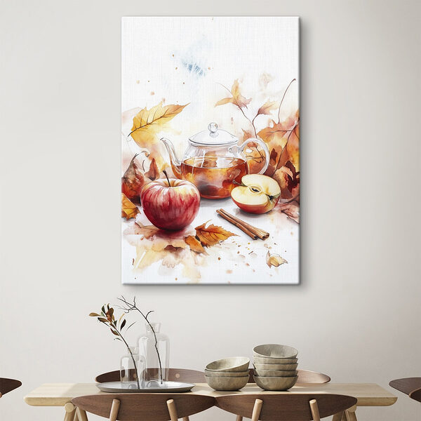 Aquarel van een theepot en appels Canvas Schilderijen Aquarel van een theepot en appels