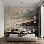 Fotobehang Mistige bergen met heuvels en water