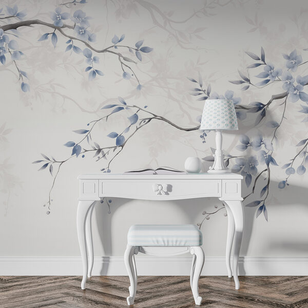 Fotobehang Tak met blauwe bloemen en bladeren (Artikelnummer: w02449) Fotobehang Fotobehang Tak met blauwe bloemen en bladeren (Artikelnummer: w02449)