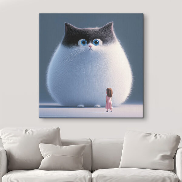 Spotprent van een kat die naar een klein meisje kijkt Canvas Schilderijen Spotprent van een kat die naar een klein meisje kijkt