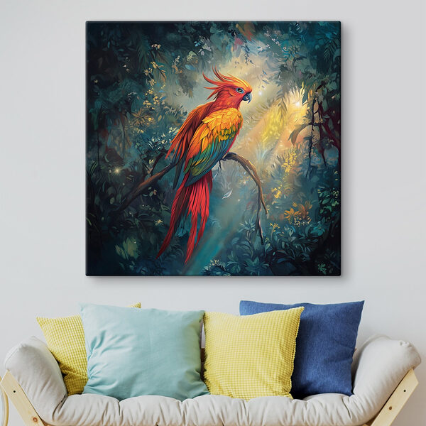 Kleurrijke vogel zittend op een tak in een bos Canvas Schilderijen Kleurrijke vogel zittend op een tak in een bos