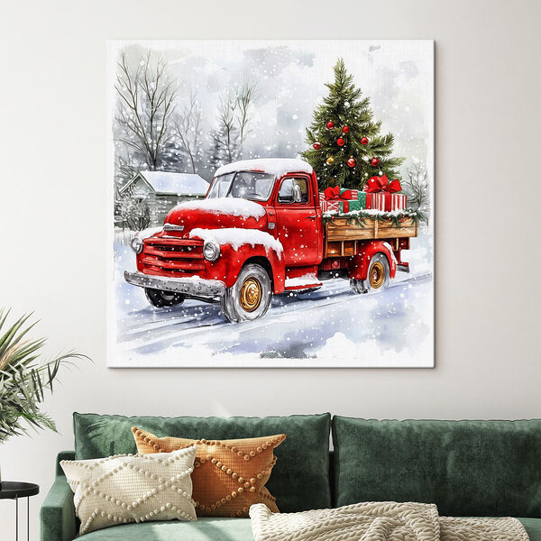 Rode vrachtwagen met een kerstboom op de achterkant Canvas Schilderijen Rode vrachtwagen met een kerstboom op de achterkant