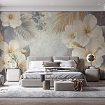 Fotobehang Witte bloemen en bladeren