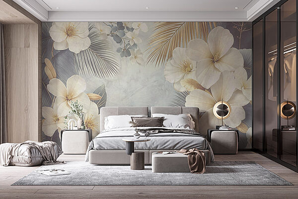Witte bloemen en bladeren Fotobehang Witte bloemen en bladeren