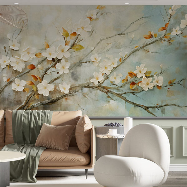 Fotobehang Schilderij van een tak met witte bloemen