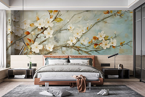 Schilderij van een tak met witte bloemen Fotobehang Schilderij van een tak met witte bloemen