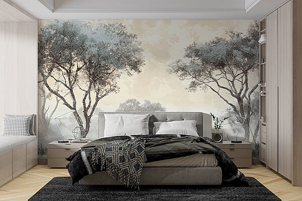Fotobehang Mistig landschap met bomen en planten (Artikelnummer: w08442v1) Fotobehang Fotobehang Mistig landschap met bomen en planten (Artikelnummer: w08442v1)