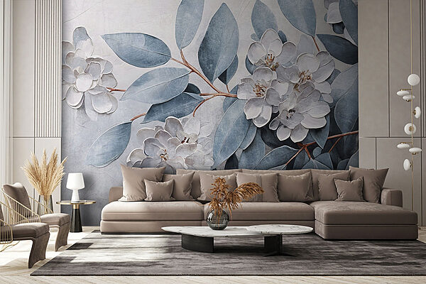 Schilderij van bloemen en bladeren Fotobehang Schilderij van bloemen en bladeren