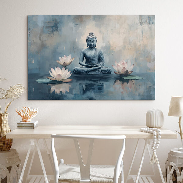 Boeddhabeeld zittend in lotushouding omringd door water Canvas Schilderijen Boeddhabeeld zittend in lotushouding omringd door water