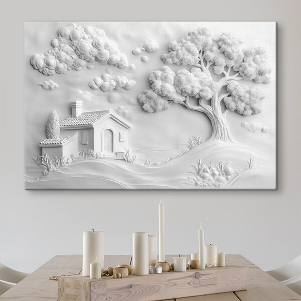 Witte muurkunst met een huis en boom Canvas Schilderijen Witte muurkunst met een huis en boom