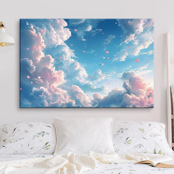 Blauwe lucht met wolken en roze hartjes Canvas Schilderijen Blauwe lucht met wolken en roze hartjes