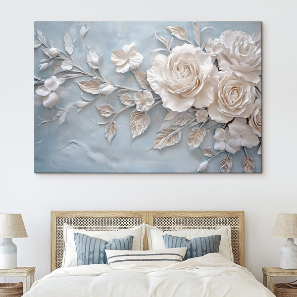 Witte bloemen en bladeren op een blauw oppervlak Canvas Schilderijen Witte bloemen en bladeren op een blauw oppervlak