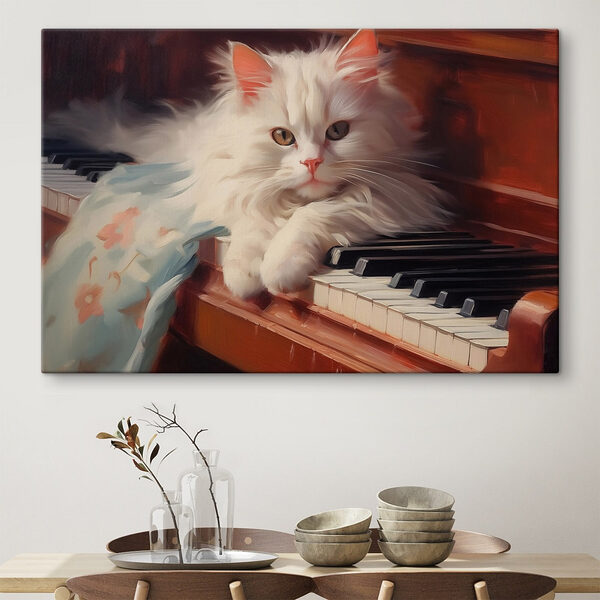 Kat liggend op een piano Canvas Schilderijen Kat liggend op een piano