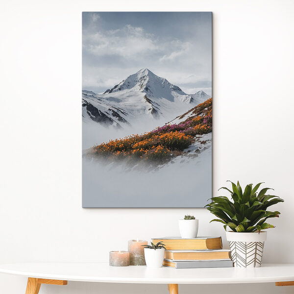 Berg met sneeuw en bloemen Canvas Schilderijen Berg met sneeuw en bloemen
