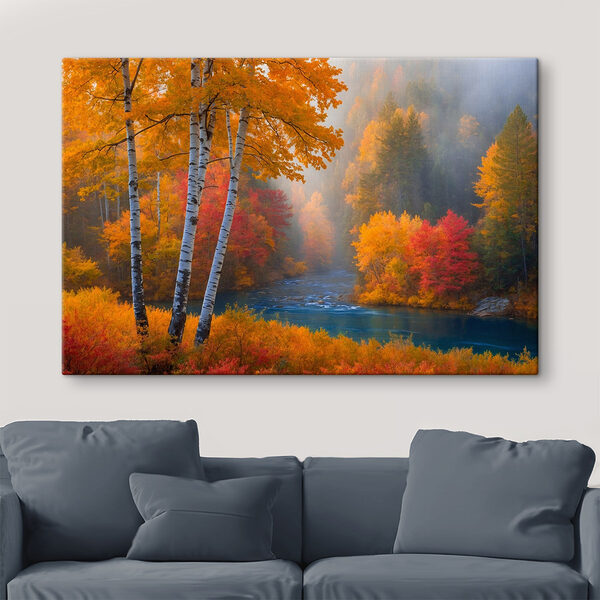 Rivier met bomen en kleurrijke bladeren Canvas Schilderijen Rivier met bomen en kleurrijke bladeren