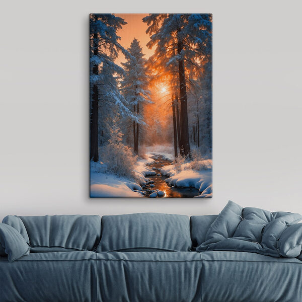 Besneeuwd bos met bomen en een beekje Canvas Schilderijen Besneeuwd bos met bomen en een beekje