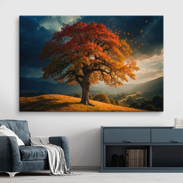 Boom met oranje en gele bladeren op een heuvel Canvas Schilderijen Boom met oranje en gele bladeren op een heuvel