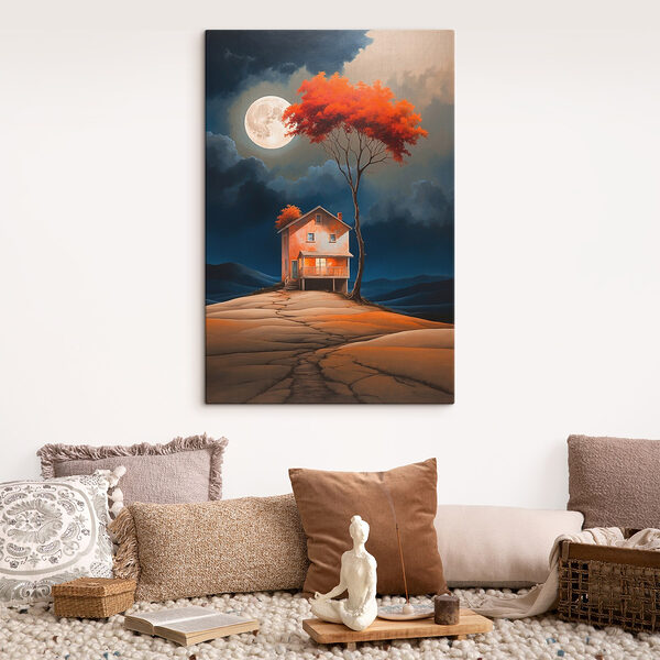 Schilderij van een huis met een boom en een maan aan de hemel Canvas Schilderijen Schilderij van een huis met een boom en een maan aan de hemel