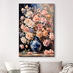 Canvas Schilderijen Schilderij van bloemen in een blauwe vaas