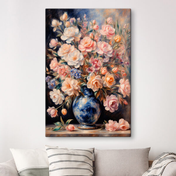 Schilderij van bloemen in een blauwe vaas Canvas Schilderijen Schilderij van bloemen in een blauwe vaas