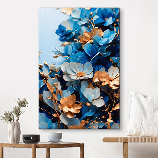 Levendig blauw en gouden bloemstuk Canvas Schilderijen Levendig blauw en gouden bloemstuk