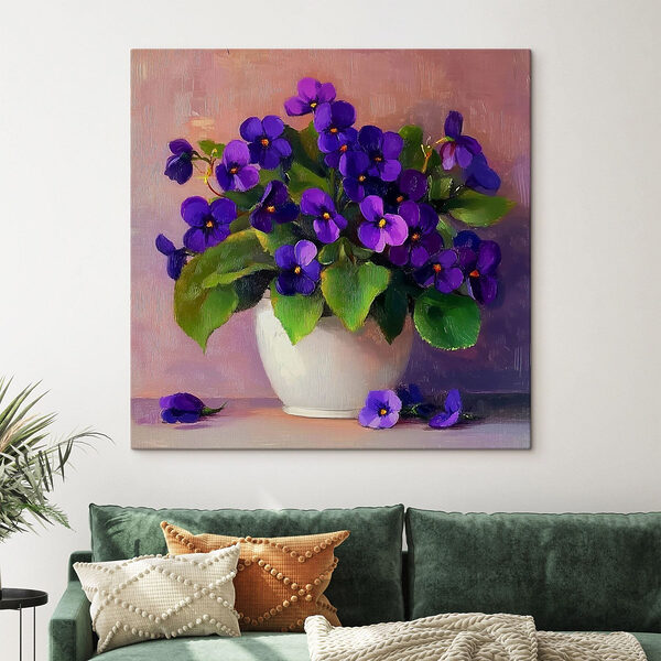 Pot met paarse bloemen Canvas Schilderijen Pot met paarse bloemen