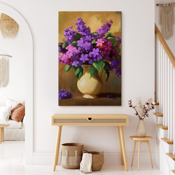 Schilderij van paarse bloemen in een vaas Canvas Schilderijen Schilderij van paarse bloemen in een vaas