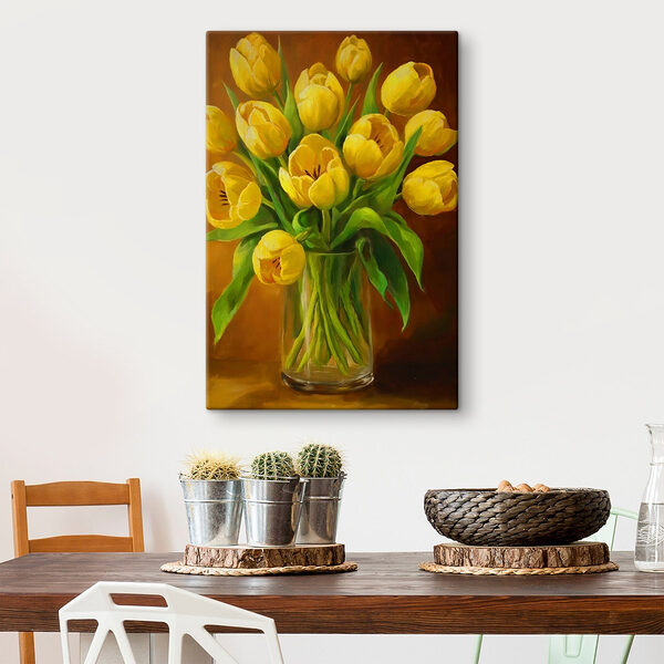 Schilderij van gele tulpen in een glazen vaas Canvas Schilderijen Schilderij van gele tulpen in een glazen vaas