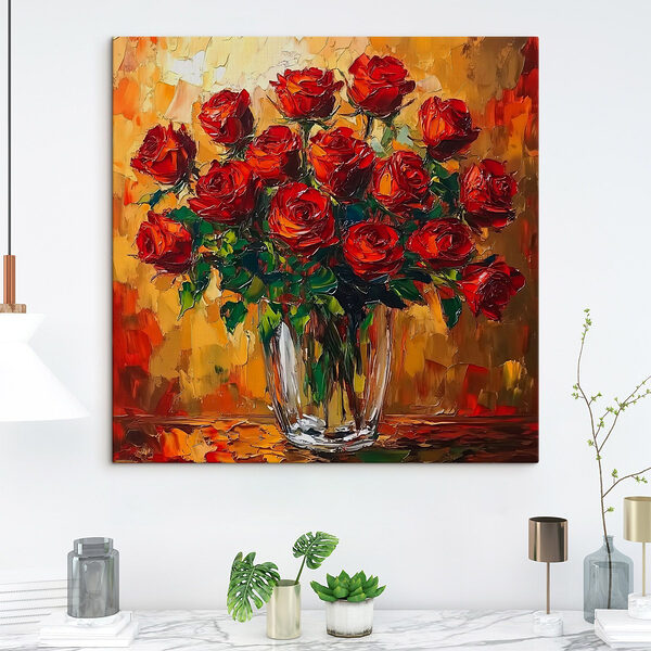 Schilderij van een boeket rode rozen Canvas Schilderijen Schilderij van een boeket rode rozen