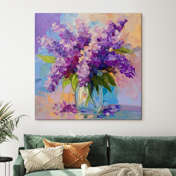 Schilderij van paarse bloemen in een glazen vaas Canvas Schilderijen Schilderij van paarse bloemen in een glazen vaas