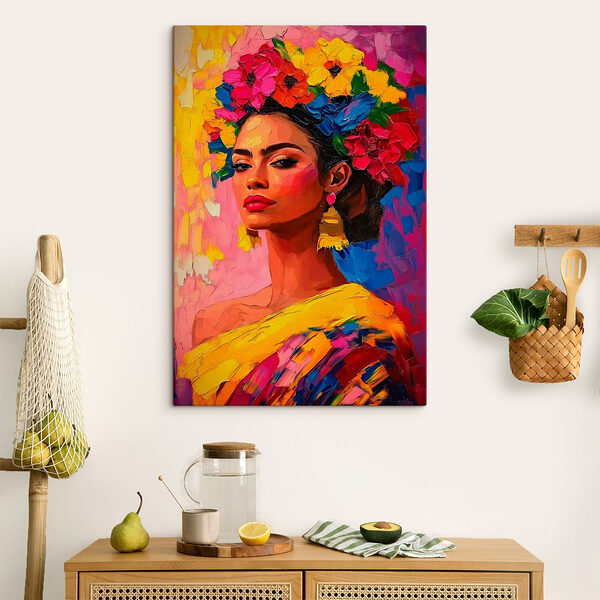 Schilderij van een vrouw met bloemen in haar haar Canvas Schilderijen Schilderij van een vrouw met bloemen in haar haar