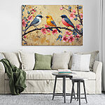 Canvas Schilderijen Groep vogels op een tak met bloemen