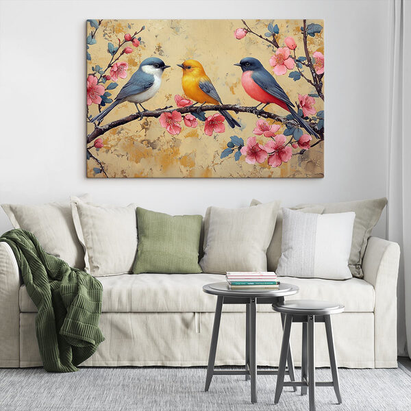 Groep vogels op een tak met bloemen Canvas Schilderijen Groep vogels op een tak met bloemen