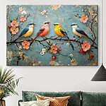Canvas Schilderijen Groep vogels op een tak met bloemen