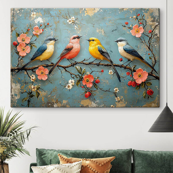 Groep vogels op een tak met bloemen Canvas Schilderijen Groep vogels op een tak met bloemen