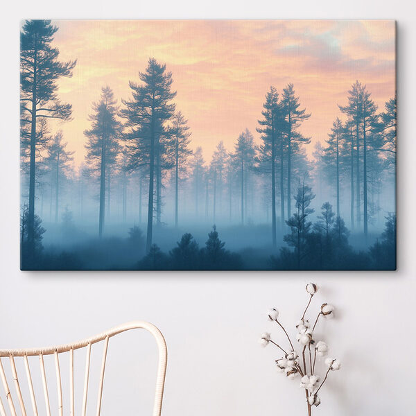 Mistig bos met bomen Canvas Schilderijen Mistig bos met bomen