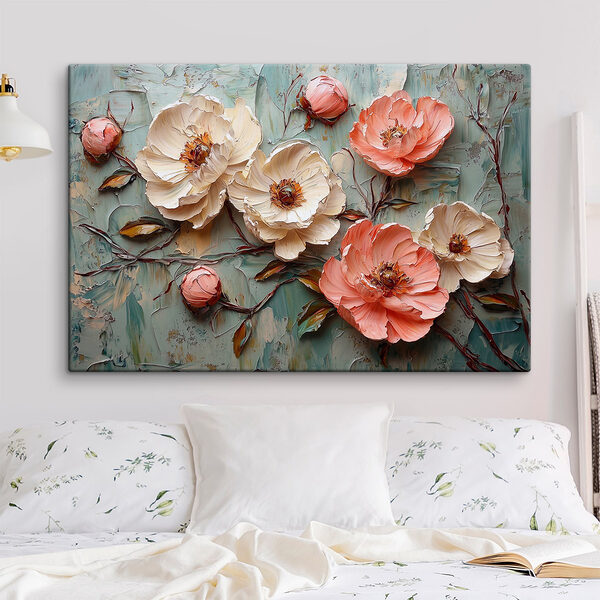 Schilderij van bloemen op een blauw oppervlak Canvas Schilderijen Schilderij van bloemen op een blauw oppervlak